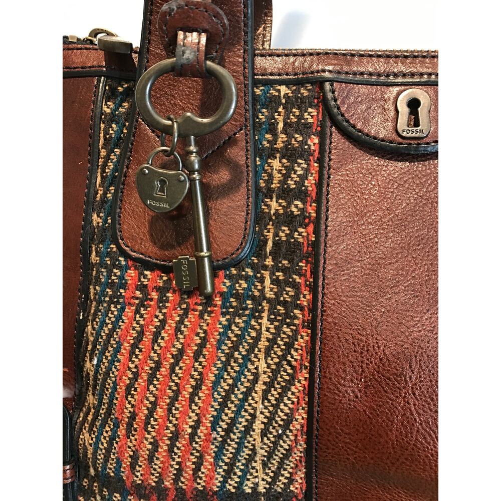 Fossil Vintage Reissue Satchel in Leather and Plaid Tweed Panels - Picture 2 of 11